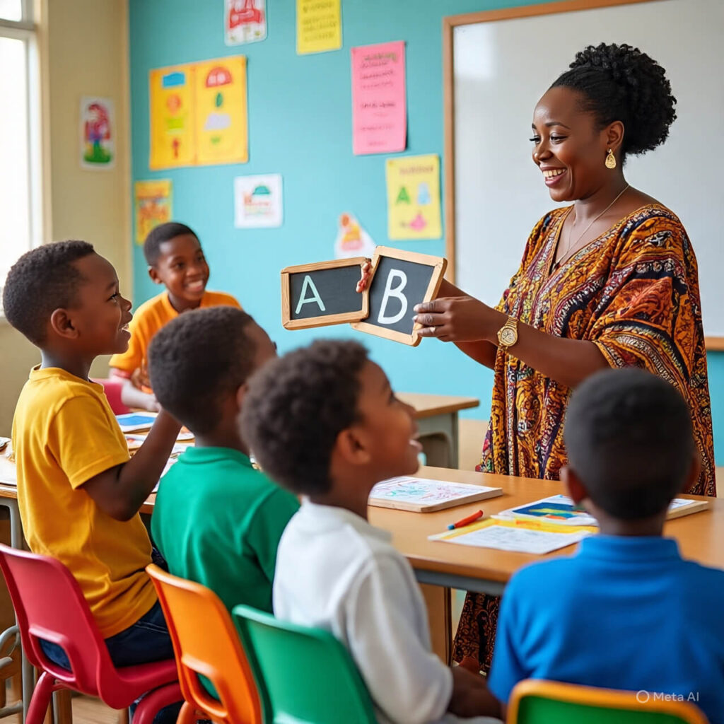 Create a colorful happy Igbo woman teaching a small group of kids (ages 6–12) the Igbo alphabet.