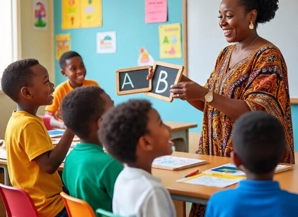 Create a colorful happy Igbo woman teaching a small group of kids (ages 6–12) the Igbo alphabet.